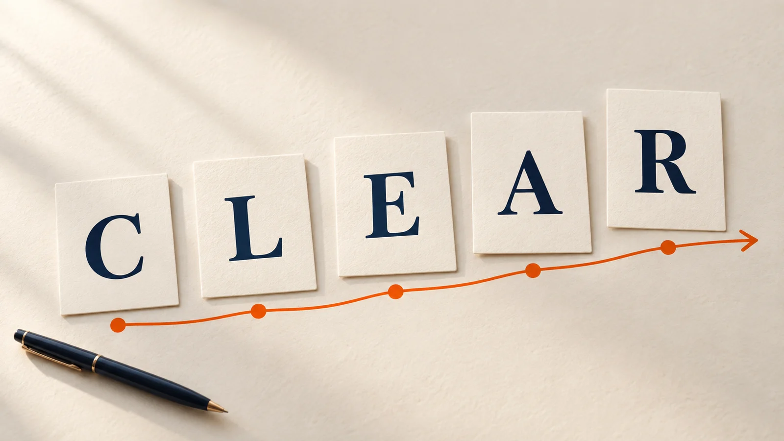 The CLEAR customer onboarding framework shown as five navy letters on cream cards above an orange path.