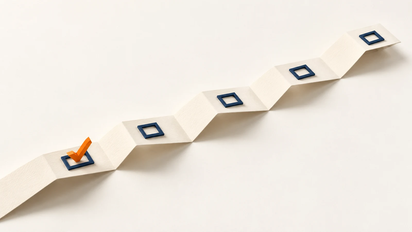 Five navy checkpoints on a folded cream paper path, with an orange check marking the first completed step.